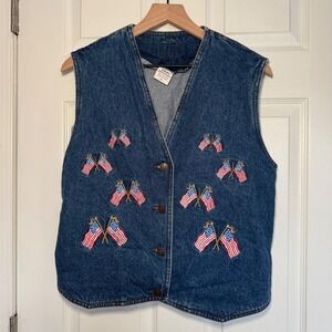 VTG Casey Coleman Denim Vest American Flag Embroidered Americana Patriotic USA